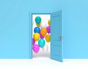 Colorful Balloons Emerging from Open Light Blue Door