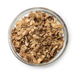 Pieces of dry chicory roots in bowl isolated on white, top view