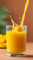 Fresh mango cube splashing into glass of juice against bright backdrop