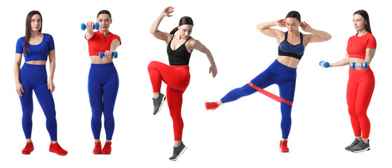 Woman in different sportswear on white background, collage