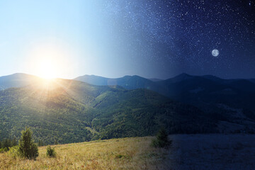 Mountain landscape on sunny day and starry night. Combined design