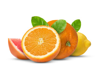 Fresh citrus fruits and green leaves on white background