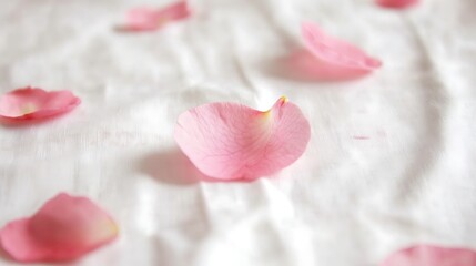 Delicate rose petals scattered on a pristine white fabric surface evoking romance