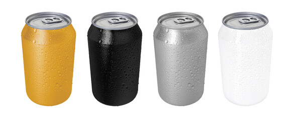 Tin cans with water drops isolated on white, set