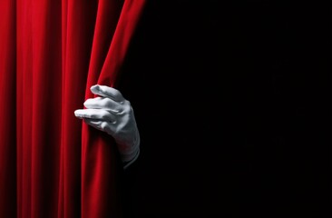 Red curtain revealing a gloved hand on black