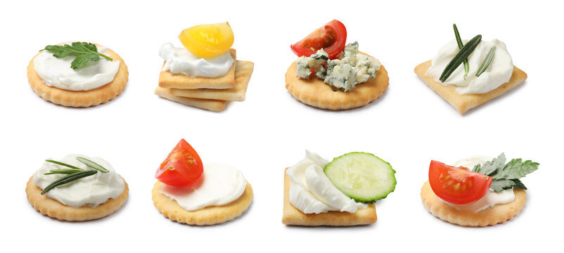 Delicious crackers with different toppings isolated on white, collage