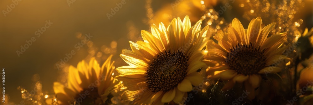Aufkleber macro of vibrant sunflowers glowing in golden backlight during a serene evening generative ai