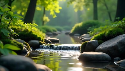 Serene forest stream flowing over mossy rocks sunlight dappled leaves tranquility nature scene