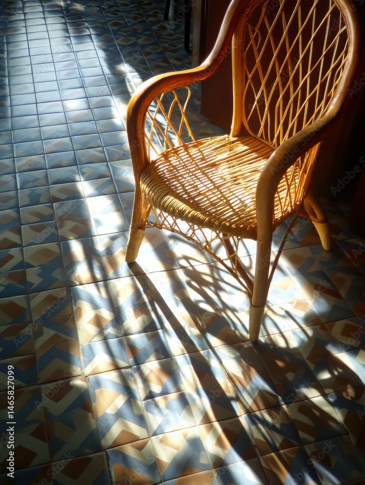 Poster wicker chair casting intricate shadow patterns on a colorful tiled floor in warm afternoon light gen