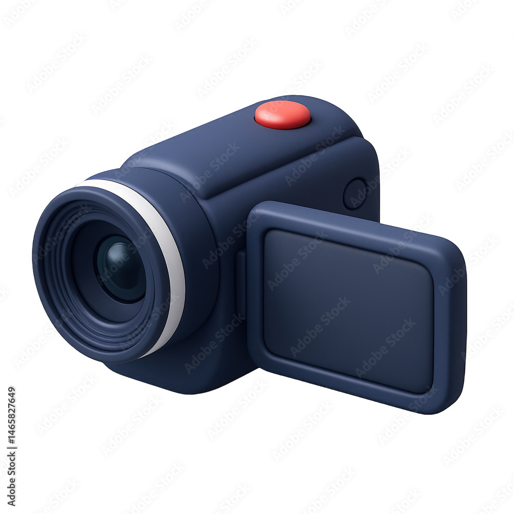 Poster smooth 3d graphic of a dark blue video camera with an open side screen and striking red record butto
