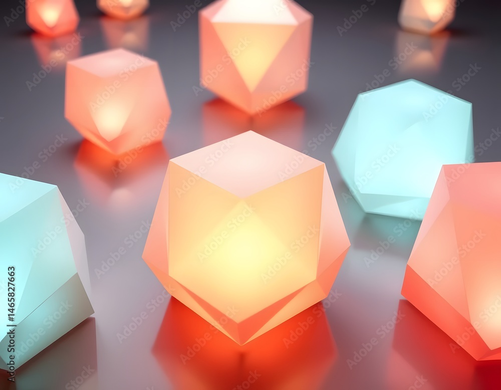 Poster softly glowing geometric forms, a mesmerizing dance of light and shape. gradient lighting creates an