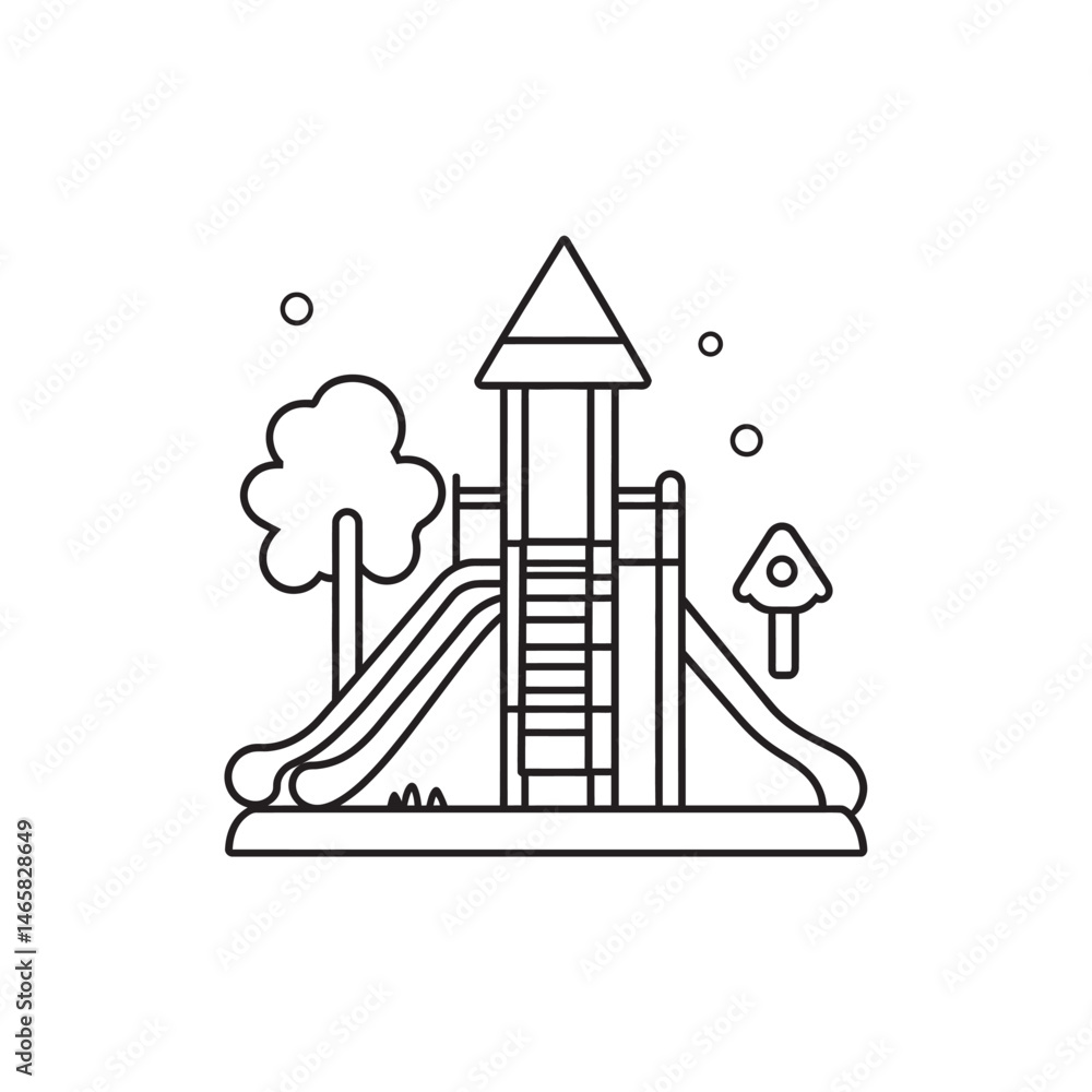 Poster a simplistic monochrome line drawing displays a playground with a tower slide set