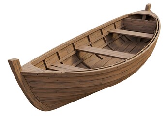 A wooden rowboat sits isolated against a white background showing its construction and design details
