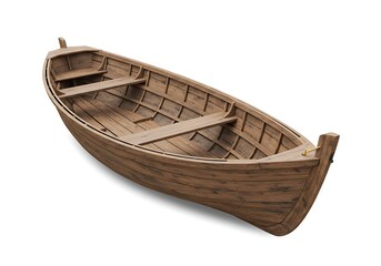 A wooden rowboat with seats and a yellow rope on a white background in a studio setting isolated