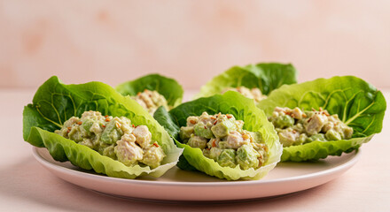 Avocado Chicken Salad Lettuce Cups on Light Pink Surface