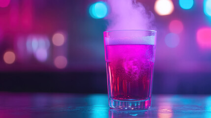 Futuristic soda float in retro diner setting with neon lights