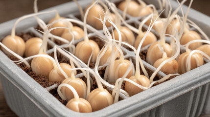 Sprouting seeds with visible root tips in seed tray for gardening and botany studies