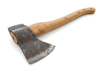 A close up shot of an axe with a wooden handle lying on a white surface in a studio setting