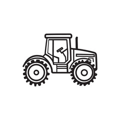 A stylized black outline drawing features a simple tractor with large coglike wheels on white