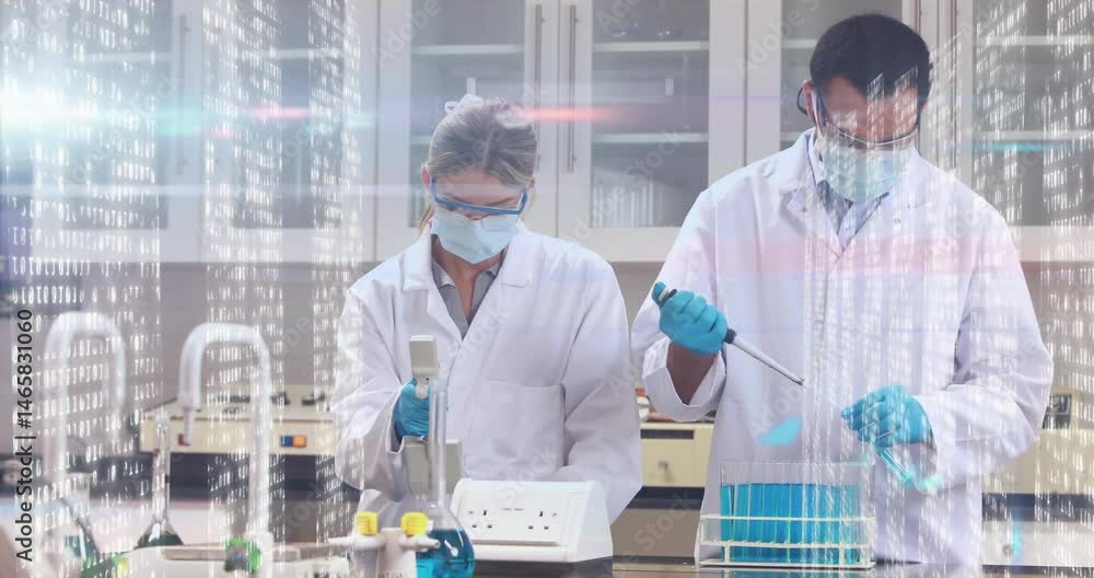 Poster male and female scientists using pipettes mixing blue solution in lab, showing binary overlay
