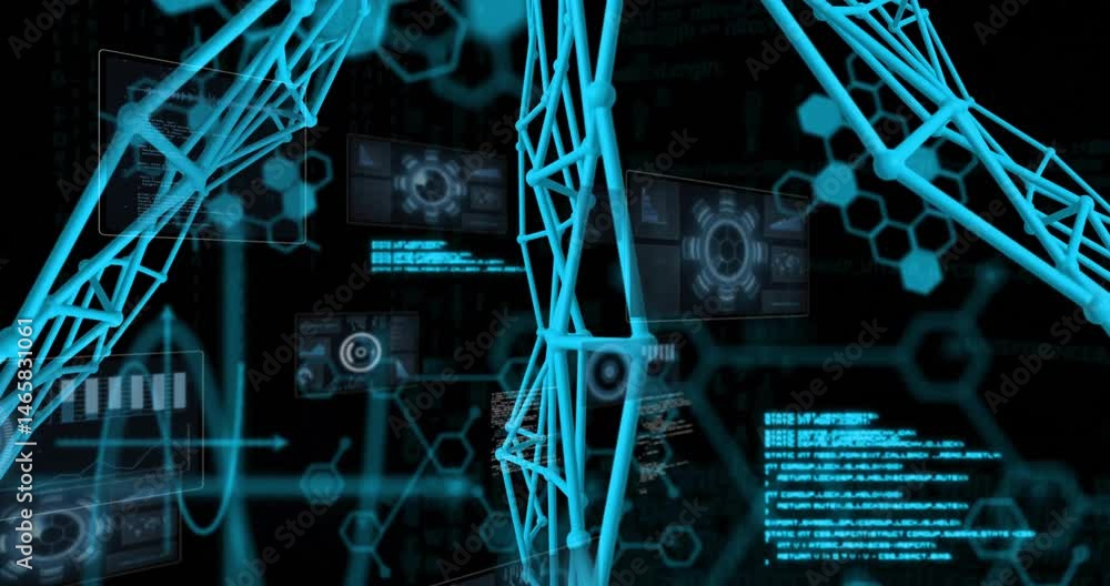 Poster Glowing 3D lattice beams connecting nodes holographic screens displaying graphs code snippets
