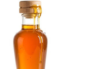 A close up of a bottle of honey with honey dripping down the side against a white background space