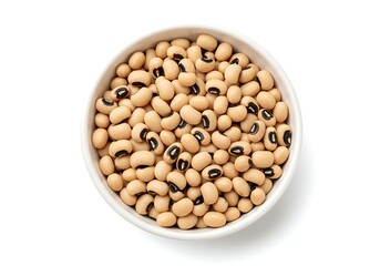 A top view of a bowl full of black eyed peas on a white background in a studio setting close up shot