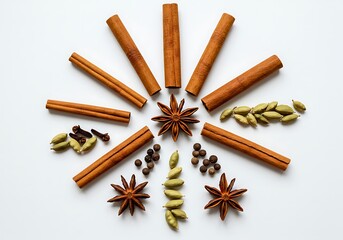 A flat lay of cinnamon sticks, star anise, cardamom pods, cloves and peppercorns on white background