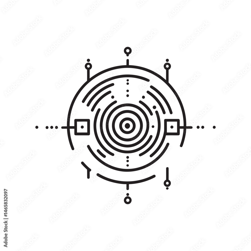 Poster abstract futuristic black circle comprises squares, lines and dots over a transparent background