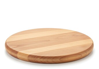 A wooden round cutting board made of light colored wood with stripes on a white isolated background