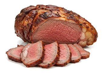 A roast beef with slices on a white background showing the pink meat inside the cooked roast beef meat