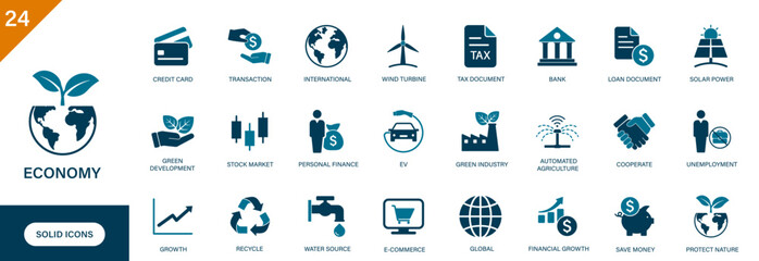Economy icon. Containing green industry, finance, recycle, ecommerce, growth. Solid vector icon set.