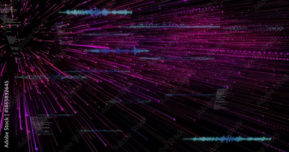 Poster neon pink purple data lines radiating across dark ui, with code snippets and waveform icons