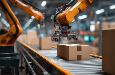 Robotic arms lifting boxes in factory setting