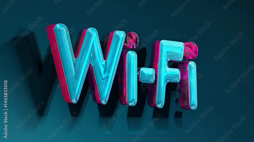 Poster 3d wi-fi text in vibrant cyan and pink with glossy reflections on a dark background.