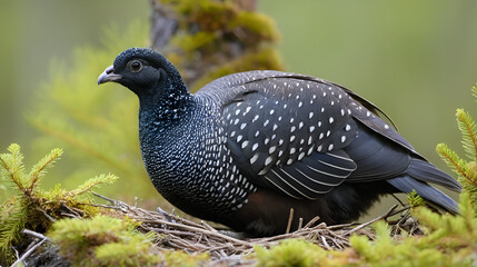 Chick of western capercaillie (Tetrao urogallus), also known as the wood grouse, heather cock, or just capercaillie on nest