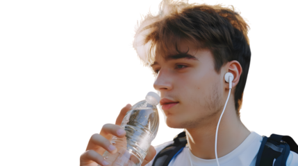 Active young sportsman streaming music through earphones while hydrating with water bottle