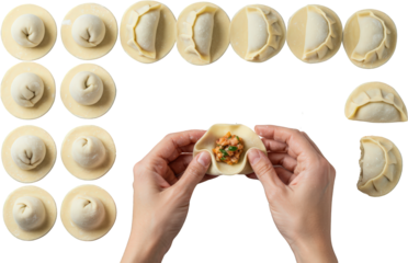 Hands Making Delicious Asian Dumplings Food Preparation Cooking Process Close Up