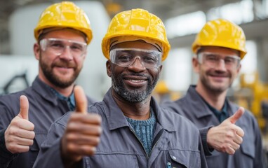 Workers with hard hats giving thumbs up