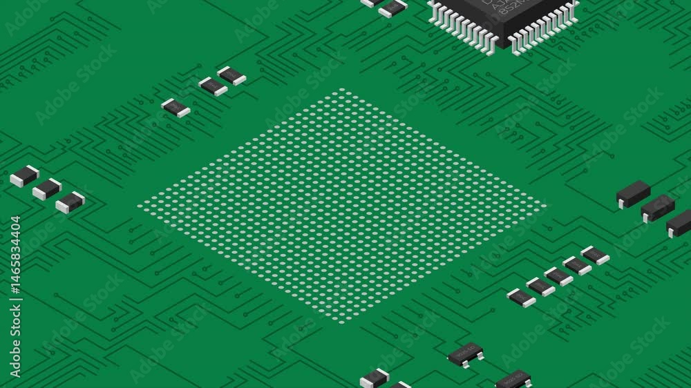 Poster isometric electronic board animation with usa flag. isometric printed circuit board with electronic 