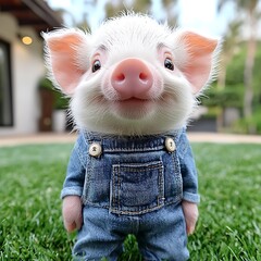 Adorable piglet in denim overalls
