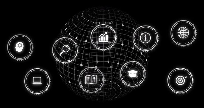 Central 3D globe spinning among HUD icons showing search analytics education info goals