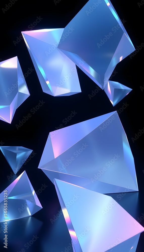 Aufkleber Abstract Holographic Shapes Render, Soft Glowing Gradients Design, With Sharp Angular Edges. Set In A Minimalist Dark Environment, Ideal For Modern Backgrounds.