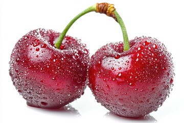 Two ripe cherries with stems are covered in water