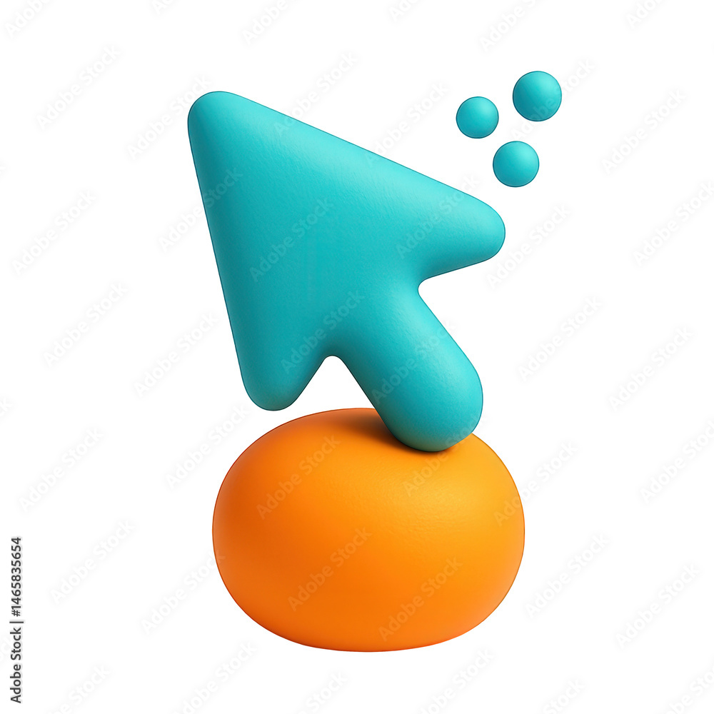 Poster stylized computer pointer presses a soft orange ball, accompanied by floating blue spheres.