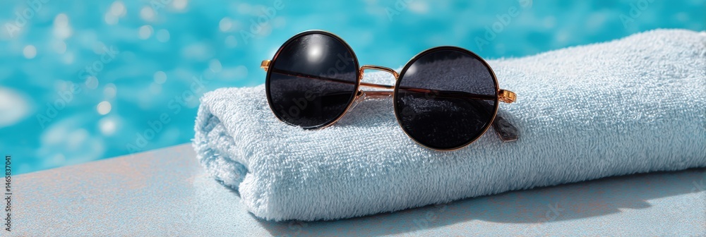 Poster Round Sunglasses Resting on a Soft Towel at the Pool Edge With a Clear Blue Sky in the Background Showcasing Summer Leisure Generative AI