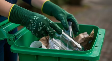 Person recycling glass bottles into a green bin environmental awareness