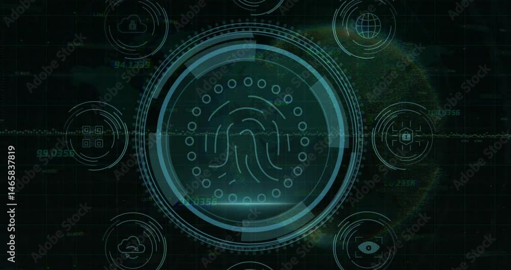 Poster central circular hud showing pulsing fingerprint graphic with glitch waveform and security icons