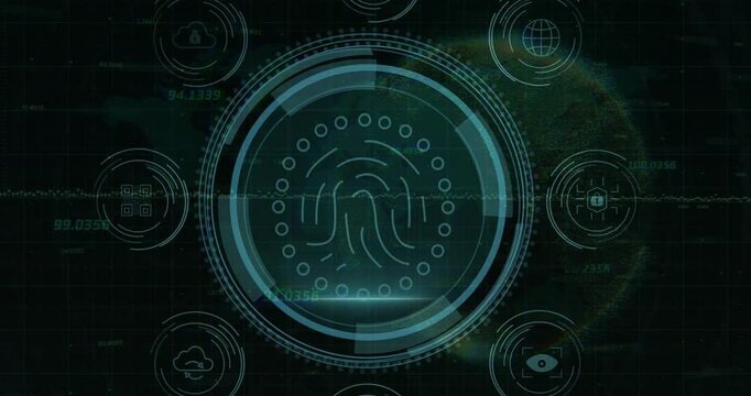 Central circular HUD showing pulsing fingerprint graphic with glitch waveform and security icons