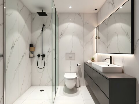 A tidy bathroom with a shower and toilet, highlighting a fresh and organized space for personal hygiene
